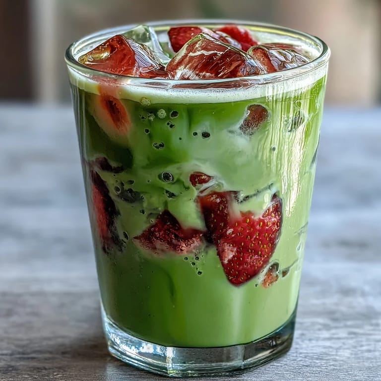Refreshing vegan strawberry matcha latte with oat milk, served over ice with beautiful red and green layers and a reusable straw.