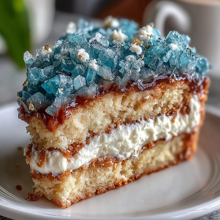 Elegant vanilla cake layered with teal buttercream and decorated with rock candy geode and edible gold accents.  