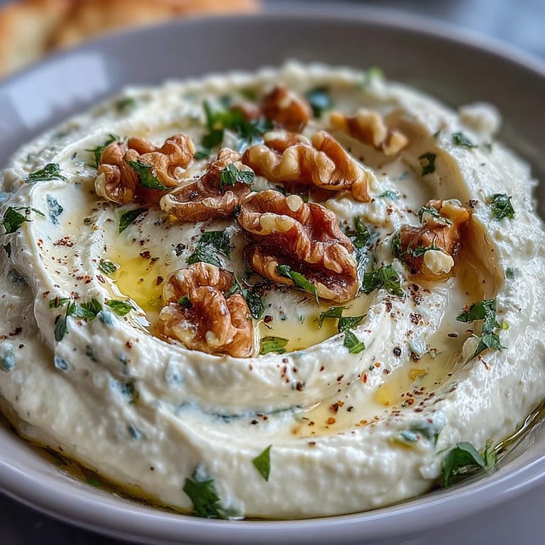 Tangy feta blended smooth and topped with honey, walnuts, and herbs, ideal for dipping crackers or fresh vegetable sticks.