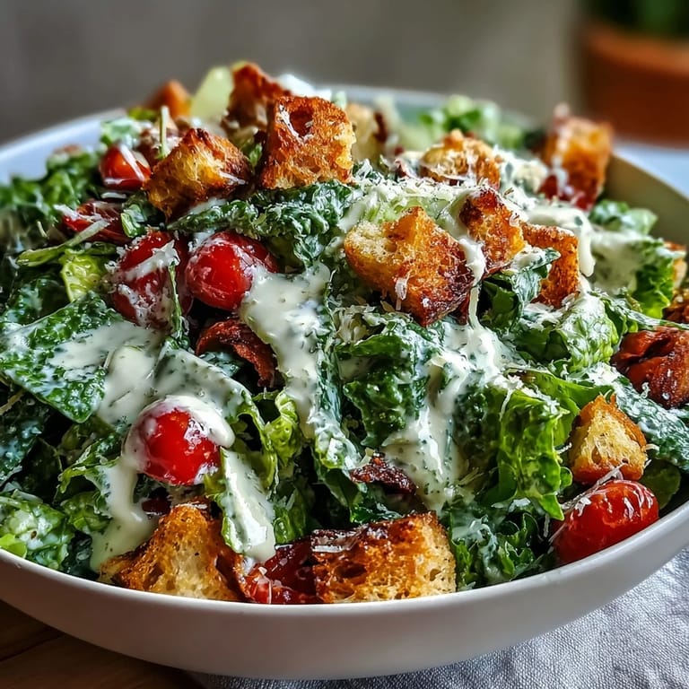 A modern twist on classic Caesar, this tahini Caesar salad features fresh romaine, savory Parmesan, and zesty dressing.