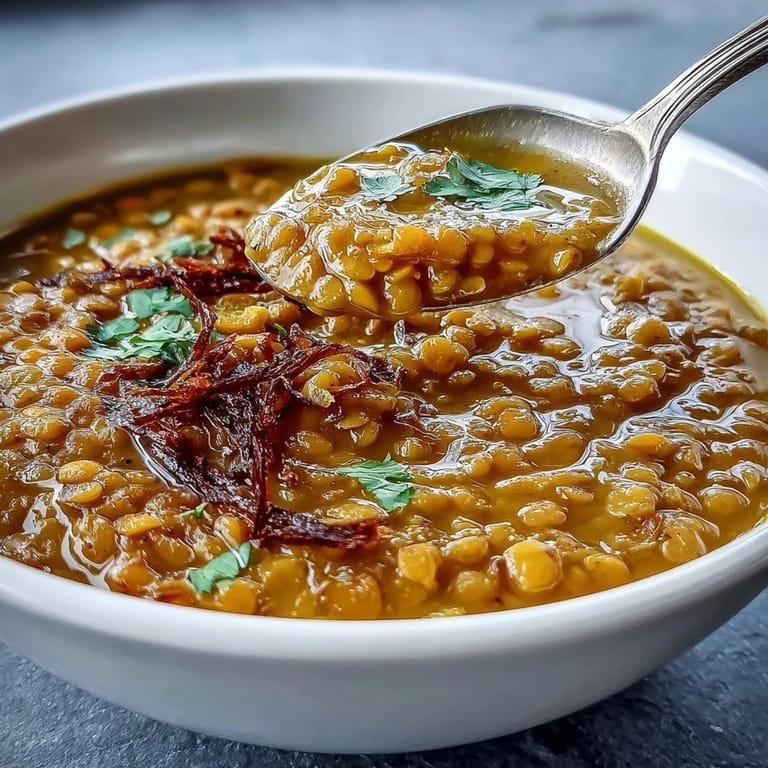 Aromatic bowl of turmeric lemon lentil soup featuring bright citrus notes and warming spices for a nourishing vegan meal.