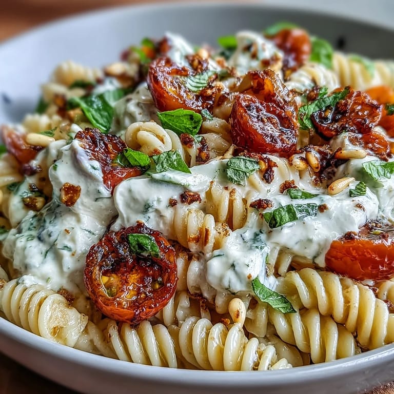 Vibrant Summer Caprese Pasta with bursting tomatoes, creamy burrata, and basil leaves.