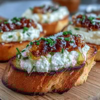Golden, crisp toasted baguette slices topped with creamy hot honey goat cheese crostini and fresh herbs on a rustic board.
