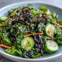 A vibrant bowl of seaweed and nori salad, bursting with crisp greens, crunchy seaweed snacks, and a tangy ginger-soy dressing.  