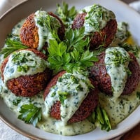 Crispy air fryer falafel served with vibrant green tahini sauce and fresh herbs.  