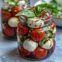 Mason Jar Caprese Salad with vibrant cherry tomatoes, creamy mozzarella, and fresh basil, drizzled with balsamic dressing, perfect for picnics.