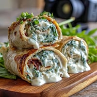 Turkey, cheese, and spinach tortilla pinwheels arranged on a platter with fresh spinach garnish.
