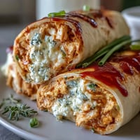 Spicy Buffalo chicken and creamy cheese filling wrapped in soft tortillas, sliced into colorful pinwheels for a zesty appetizer.