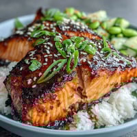 Salmon teriyaki bowl with glazed salmon, steamed rice, edamame, and cucumber slices in a Japanese-inspired meal.