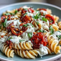 Creamy burrata tops flavorful Summer Caprese Pasta with fresh basil and tomatoes.