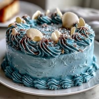 Ocean blue Cancer Zodiac Cake adorned with glistening edible shells.